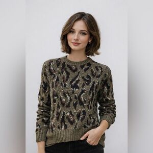 DEREK LAM 10 CROSBY  Evan Textured Leopard Sweater - Green Multi Size S